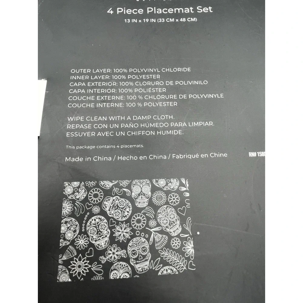 4 Piece Sugar skull‎ Halloween Black White Placemats Set 13